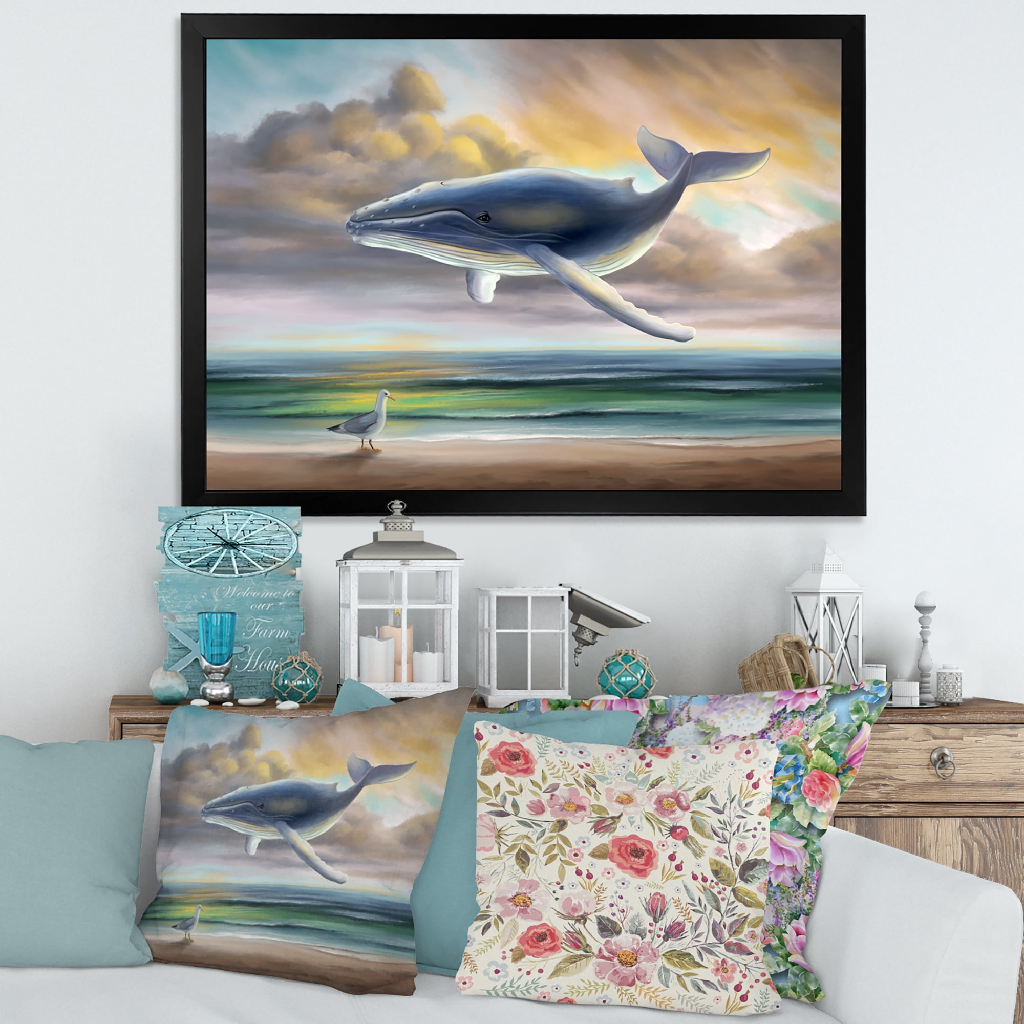 Designart 'Whale Floating In The Sky Over Beach' Children's Art Framed Art Print