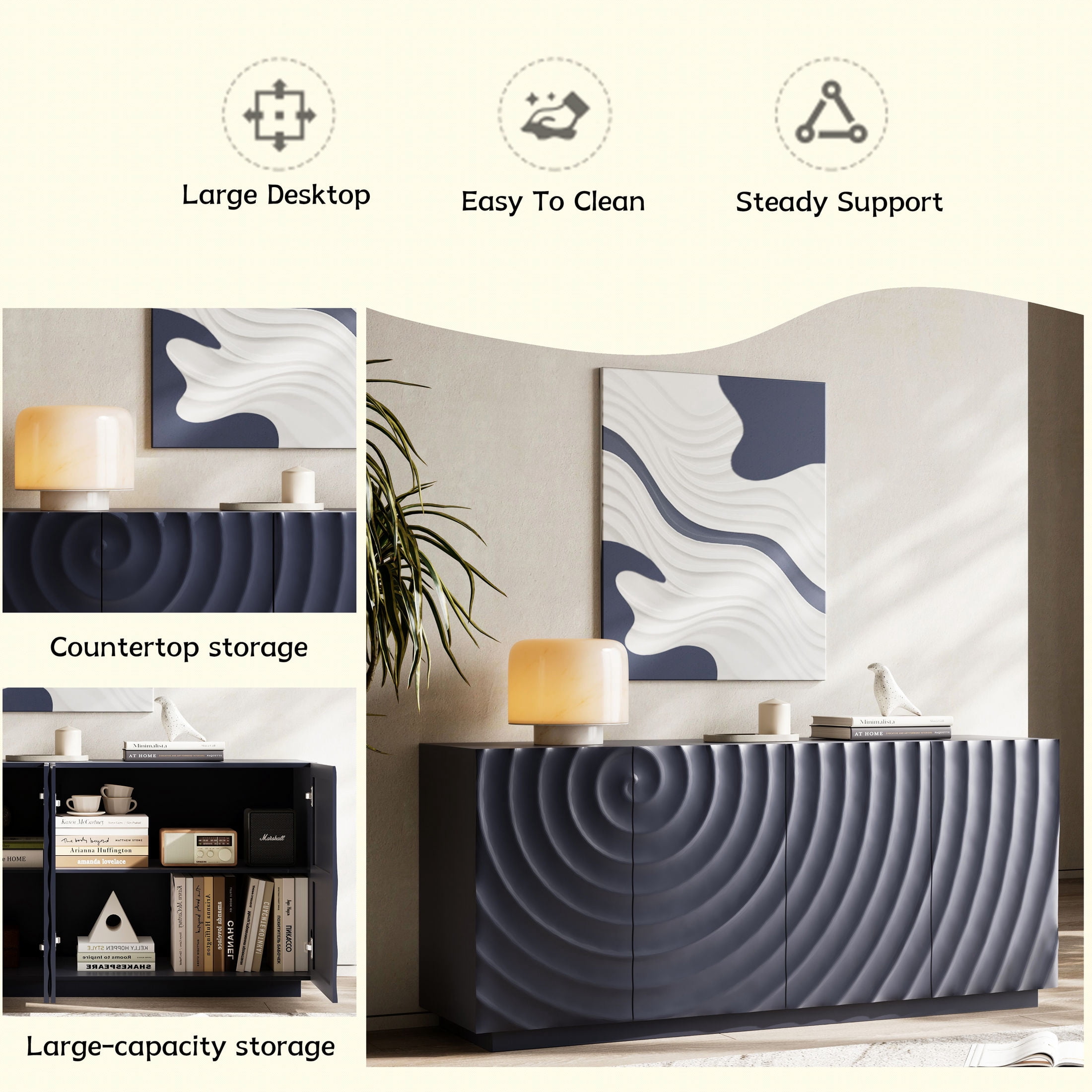 Noble House Lavor 4-Door Modern Accent Storage Sideboard Cabinet, Buffet Cabinet for Kitchen, Living Room, Navy Blue
