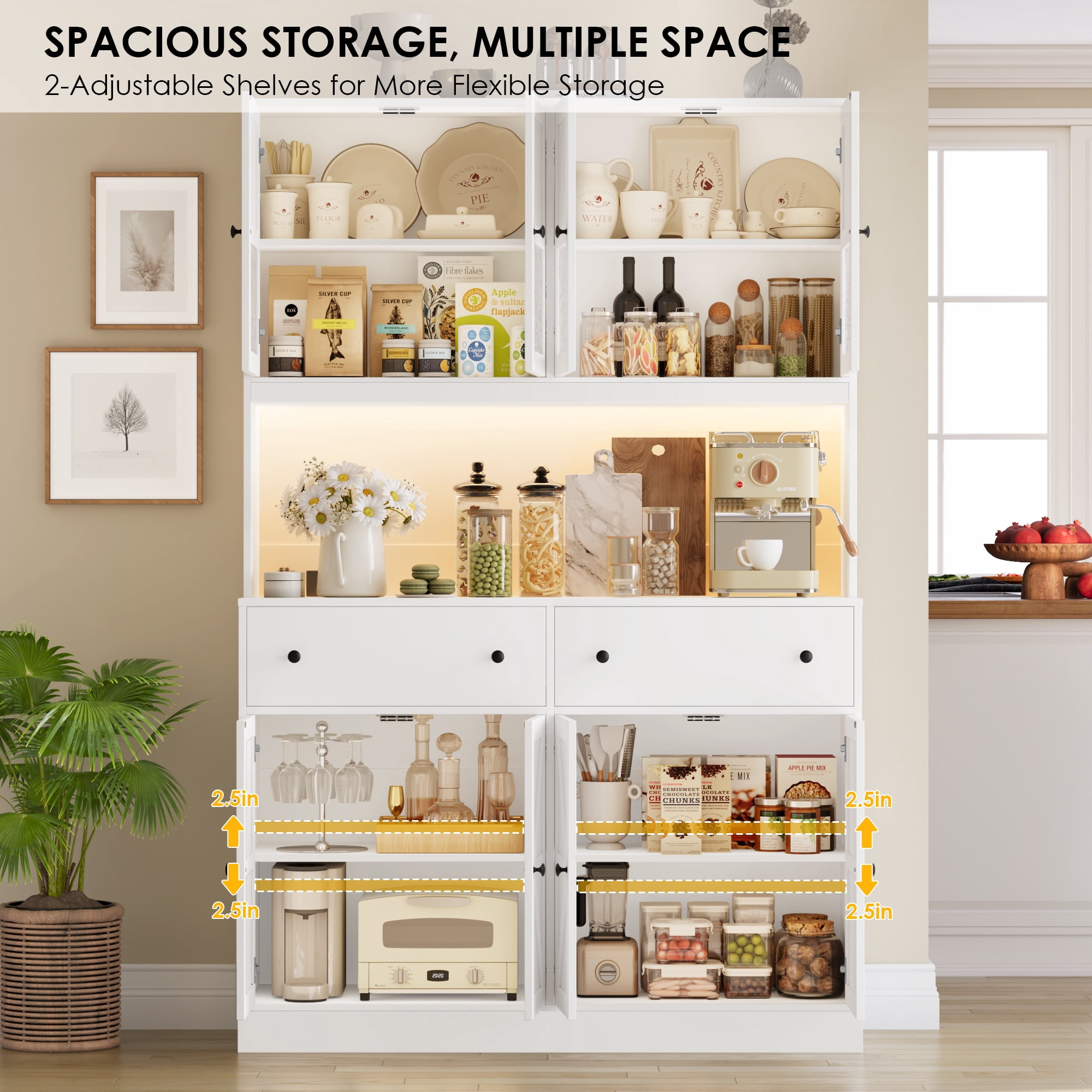 Homfa 71" Tall Kitchen Pantry Cabinet with LED Lights & Charging Station, MDF Freestanding Storage Cupboard with 8 Doors 2 Drawers, Buffet Cabinet with Storage for Dining Living Room, White