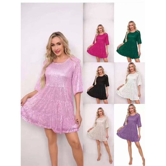 Womens Summer Dresses Crew Neck Short Sleeve Plus Size Sequined Sundress Women Casual Beach Summer Dress Boho Flowy Cover Up Short Dress