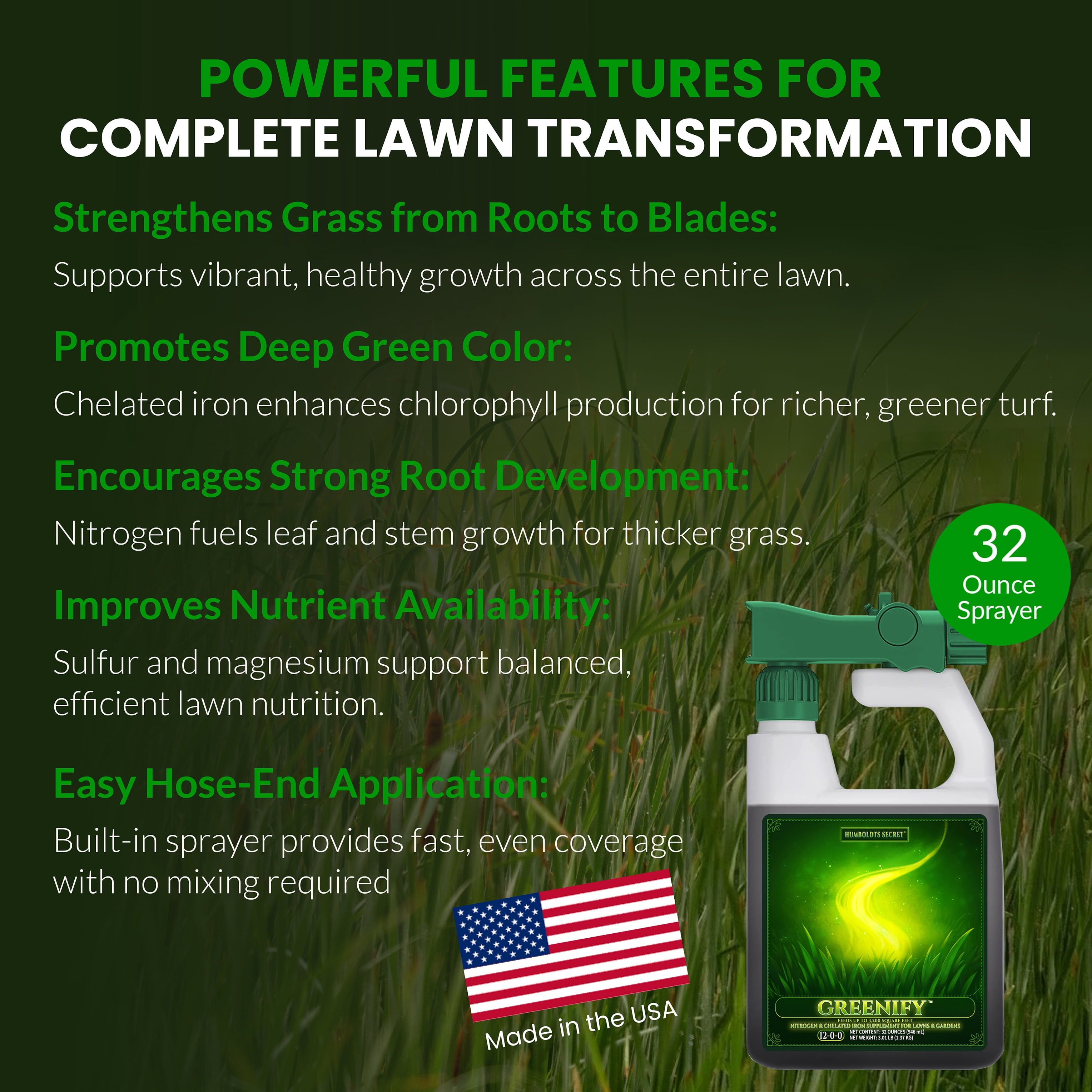 Humboldts Secret Greenify | 12-0-0 Nitrogen & 6% Iron Liquid Lawn Fertilizer Concentrate | Chelated Iron Supplement for Healthy Grass, Turf, and Garden Growth | 32 Ounce Refill for Healthy Growth
