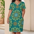 thumbnail image 3 of Teal Floral Mandala Seamless Pattern Women's Loose Short Sleeve Dress Casual Summer Plus Size Long Dresses with Pockets, 3 of 5