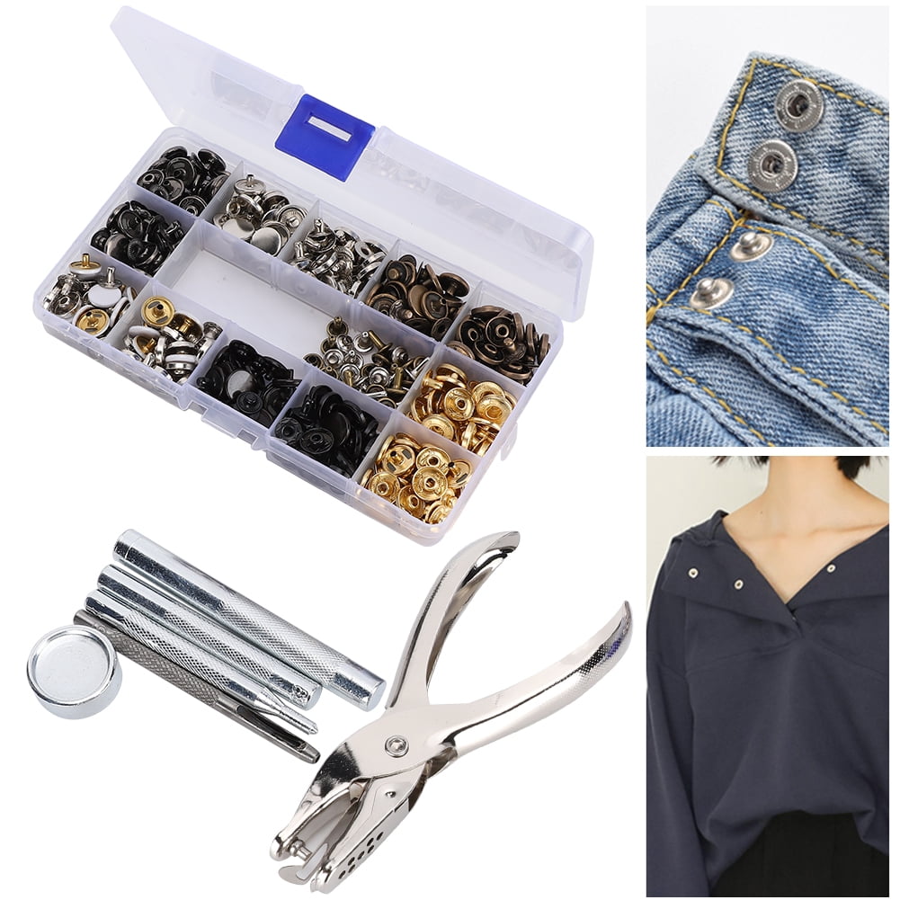 Rivet Snap Fastener Kit, 140 Set Rivet Buttons Press Studs Rapid Button Brass Metal Buttons Snap Fastener Kit with Installation Tools Punch Pliers 12.5mm for Clothes Jeans