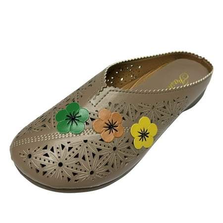 

Cathalem Women Summer Flowers Decorate Hollow Slip On Casual Round Toe Wedges Comfortable Beach Shoes Sandals Slippers Khaki 39