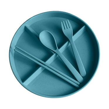 JeashCHAT Wheat Straw Dinnerware Set, Plastic Divided Plate with Chopsticks, Spoon, Fork - Lightweight Reusable Dinner Plates Dishes for Kitchen Camping, Party Supplies, Green