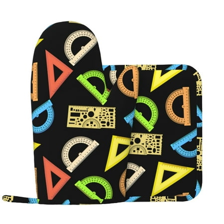 

Oven Mitts and Pot Holders Sets - Math ruler colorful Print Heat Resistant Silicone Oven Gloves (Left Glove) with Non-Slip Silicone Surface and hot pads for kitchen Baking Cooking