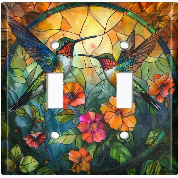 Metal Light Switch Wall Plate Outlet Cover (Printed Image of Stained Glass Humming Birds with Flowers - Double Toggle)