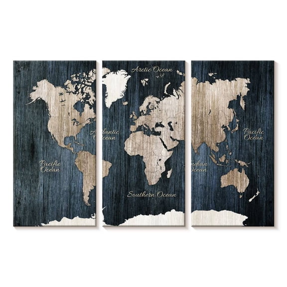 Elephant Stock Aged Wooden World Map Wall Art - Horizontal Multi Panel Canvas - Living Room Wall Decor - Map Multi Panel - White And Beige Decor - 23" x 14"