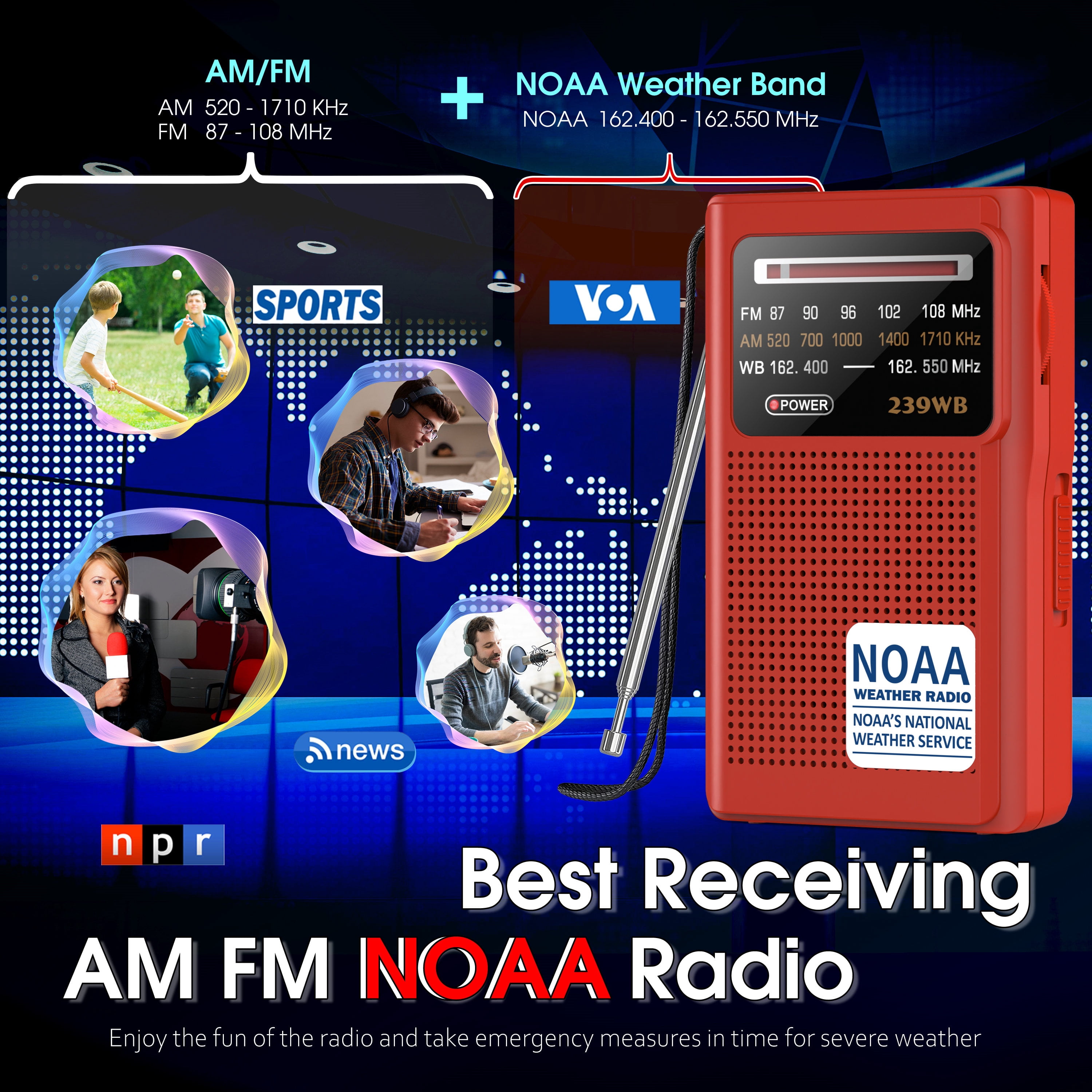 Jazmm NOAA Weather Radio, Battery Operated Transistor Radio with 3.5mm Stereo Earphone Jack, Best Reception, Powered by 2 AA Batteries for Emergency, Outdoor & Home Use (Red)