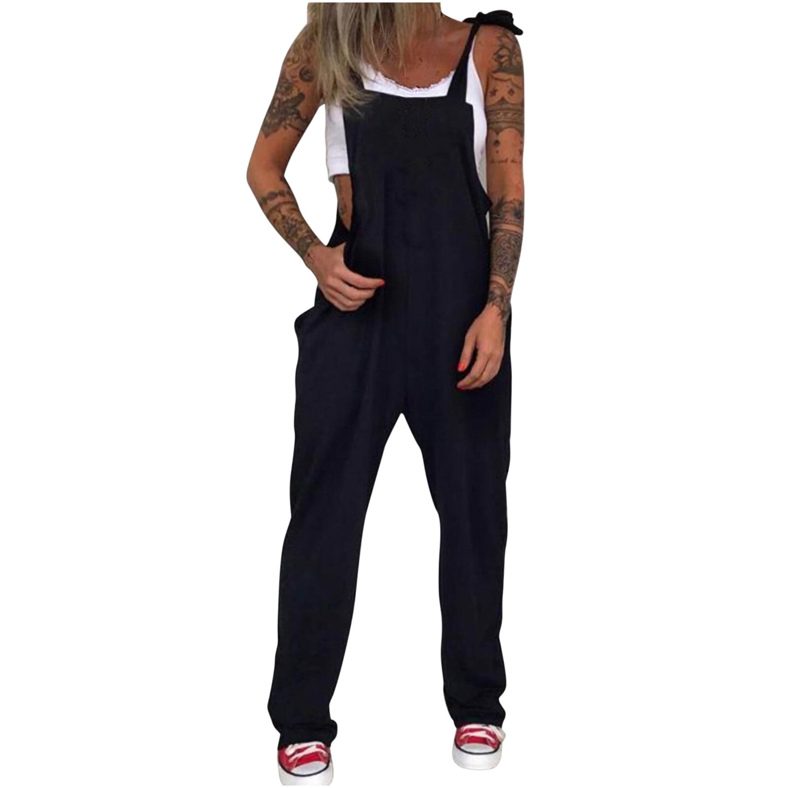 Women's Punk Style Overalls Jumpsuits Casual Baggy Dungarees Suspender Pants Skull Print Overalls Long Playsuit Strap Sleeveless Trousers With Pockets