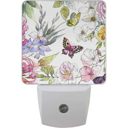 

2 Pack Plug-in LED Night Light Lamp Watercolor Flowers and Butterflies Printing with Dusk to Dawn Sensor for Bedroom Bathroom Hallway Stairways 0.5W