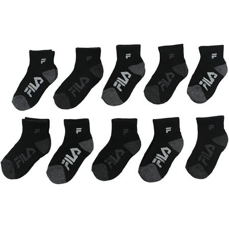 Fila Kids Boys 10-Pack Half Cushion Quarter Socks Tipped Heel - Black Multi, Boys Medium Shoe size 10-4