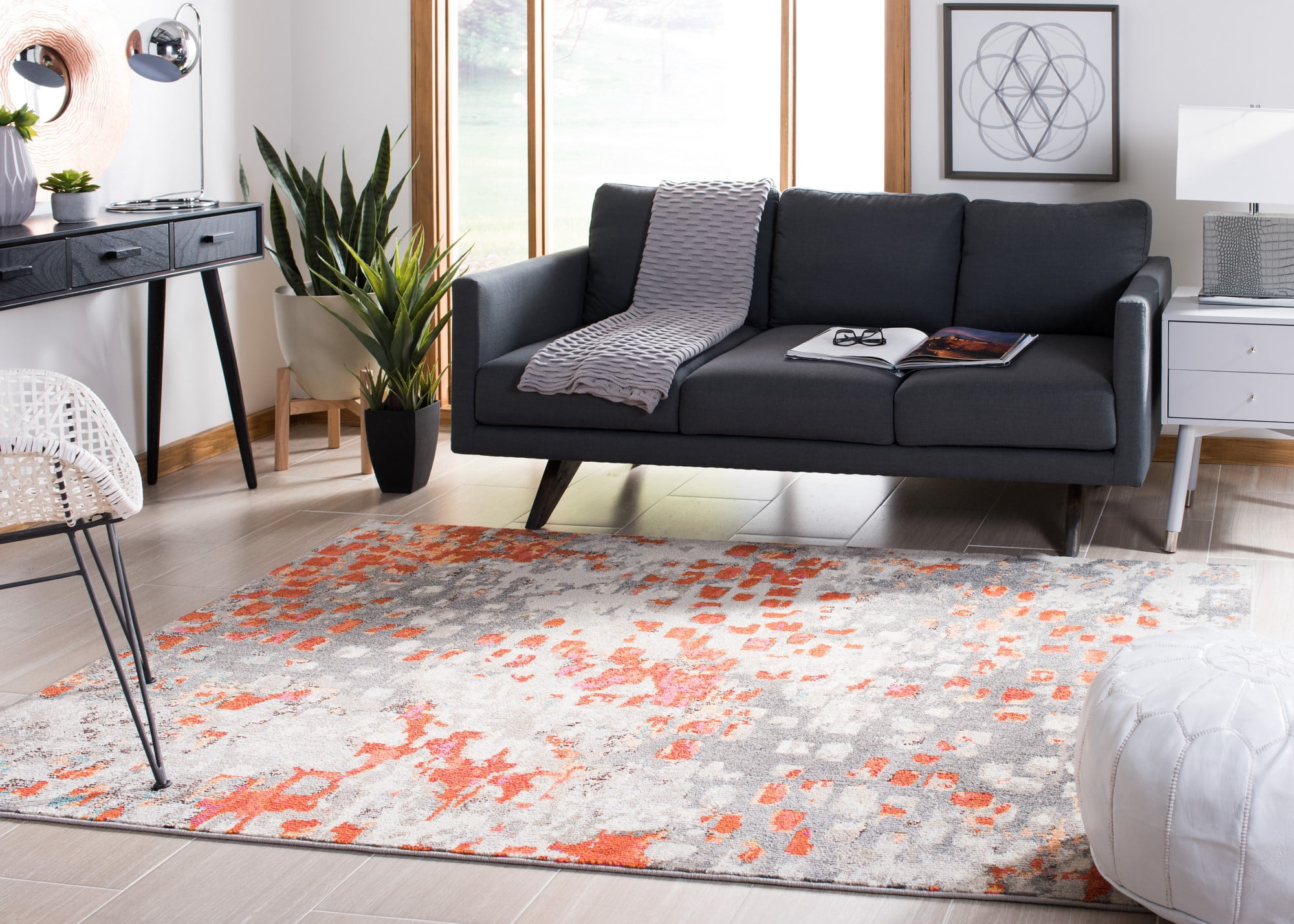 SAFAVIEH Madison Candelario Abstract Polka Dots Area Rug, Grey/Orange, 12' x 18'