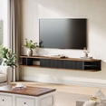 thumbnail image 2 of Finmind 70" Solid Wood Floating TV Stand with Fluted Sliding Doors, Extra Long Slim Entertainment Center for Living Room, Bedroom, Office, Up to 90'' TVs, Rustic Brown, 2 of 10