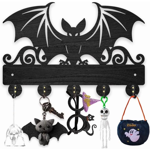 Gancho de pared de madera con forma de murciélago, llavero con temática animal, 30 x 20 cm, organizador de llaves negro, 5 ganchos de aleación