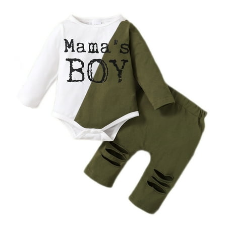 

NZRVAWS Baby Boys Clothes Letter Print Splice Long Sleeve Round Neck Romper Top +Ripped Pants 2Pcs Outfits Set 9-12 Months Green
