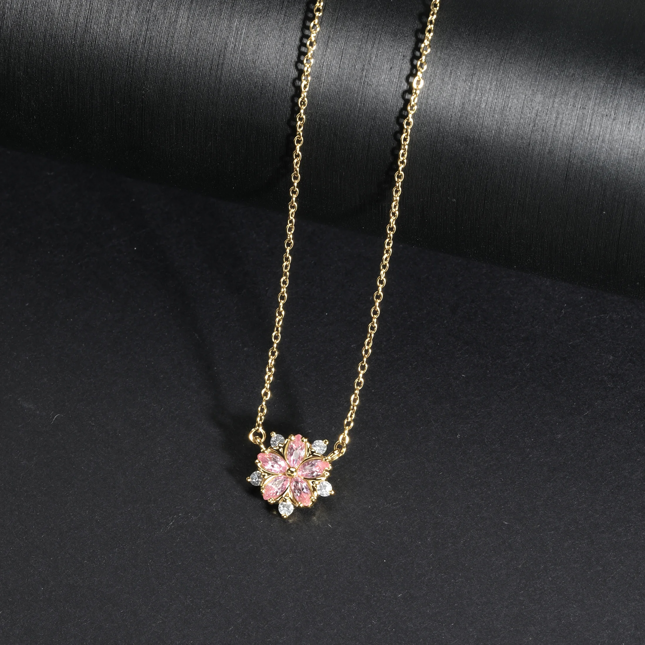 MENGLISI Light Pink Cubic Zirconia Five-Petal Flower Pendant Necklace for Women, 14K Gold Plated Copper