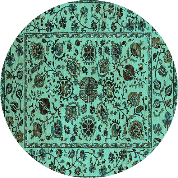 Ahgly Company Machine Washable Indoor Round Oriental Turquoise Blue Industrial Area Rugs, 8' Round