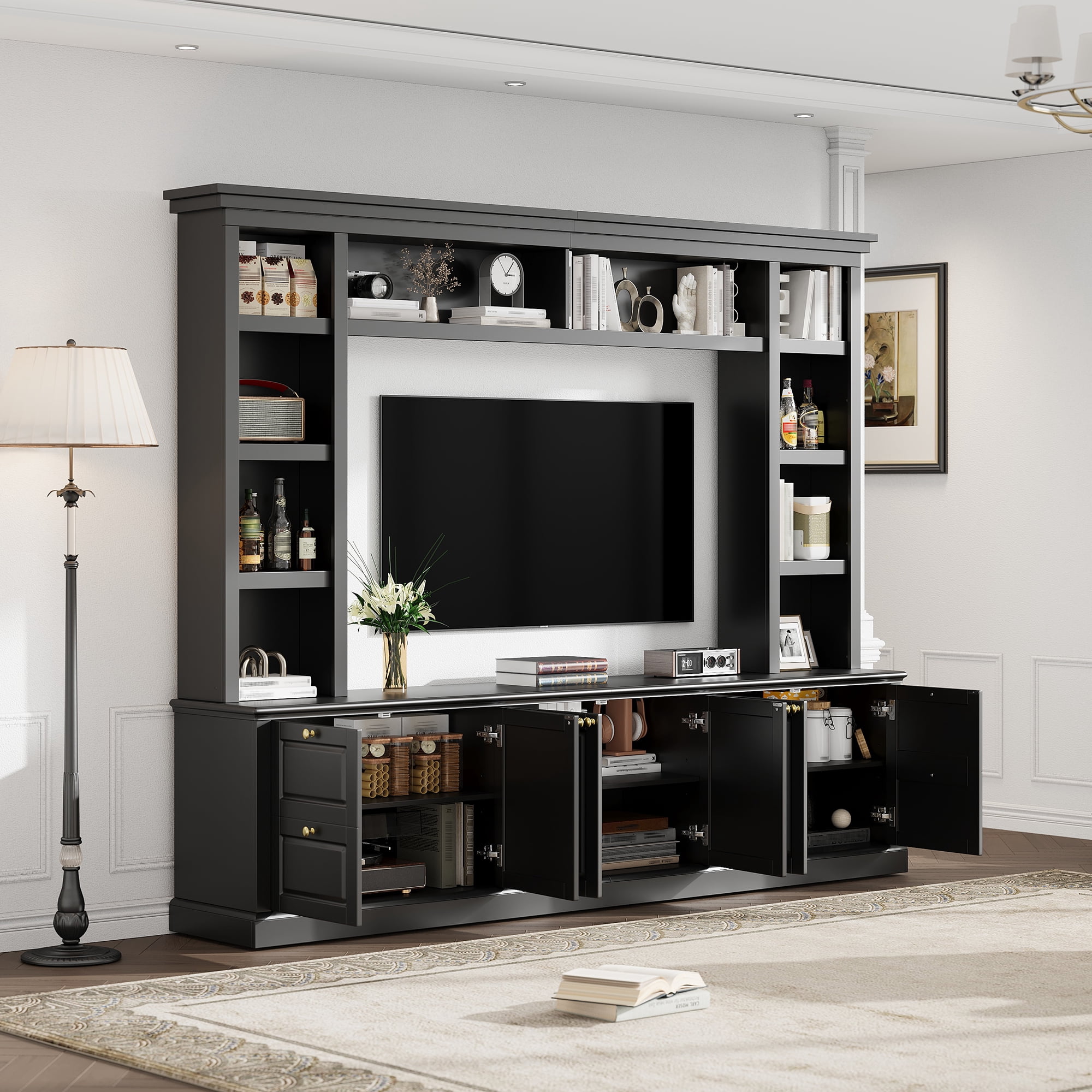 Euroco Modern TV Stand with Bookcase for TVs up to 70 inch, Entertainment Center with 3 Adjustable Shelves, for Living Room, Display Storage Cabinet, Ample Storage Space TV Stand