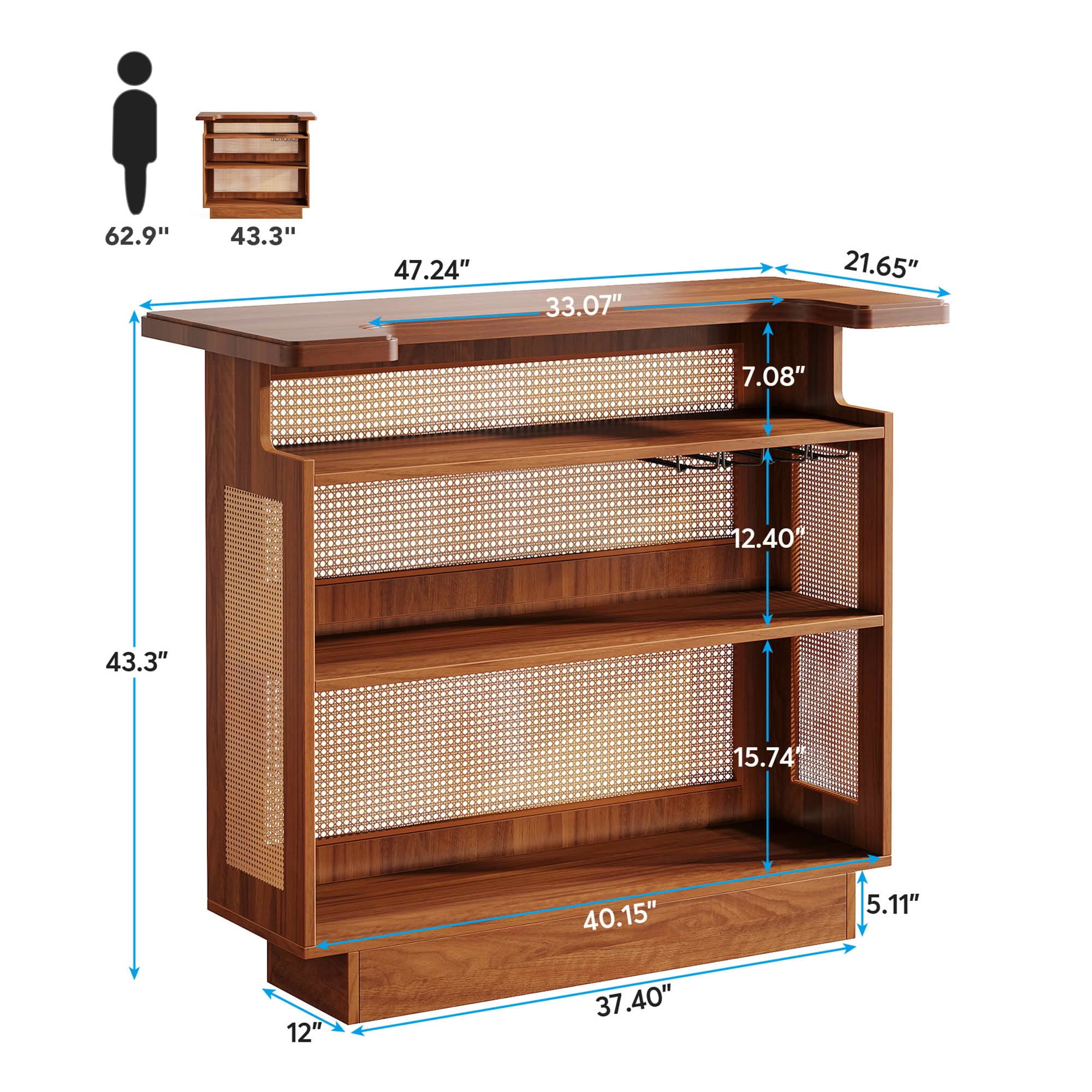 MAYEERTY Rattan Home Bar Unit, 4 Tier Liquor Wine Bar Cabinet with Stemware Racks, Farmhouse Brown Beverage Storage Cabinet for Living Room Basement