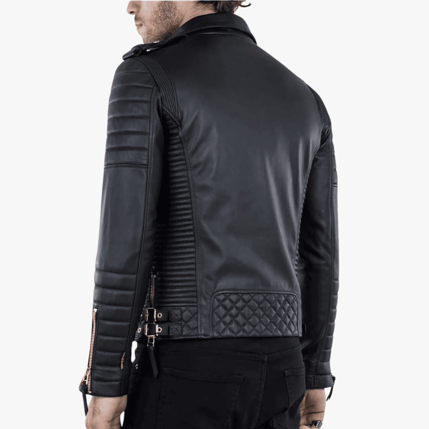 Mens Black Quilted Cafe Racer Biker Double Breast Stylish Leather Jacket