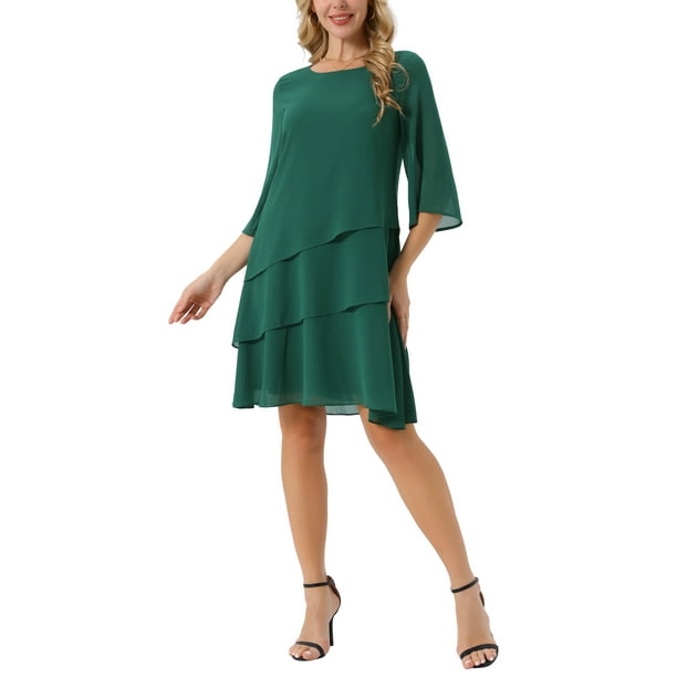 Vestido de gasa con volantes para mujer Inspire Chic, de capas, fluido, de manga 3/4, corte A, hasta la rodilla, color verde oscuro, talla S