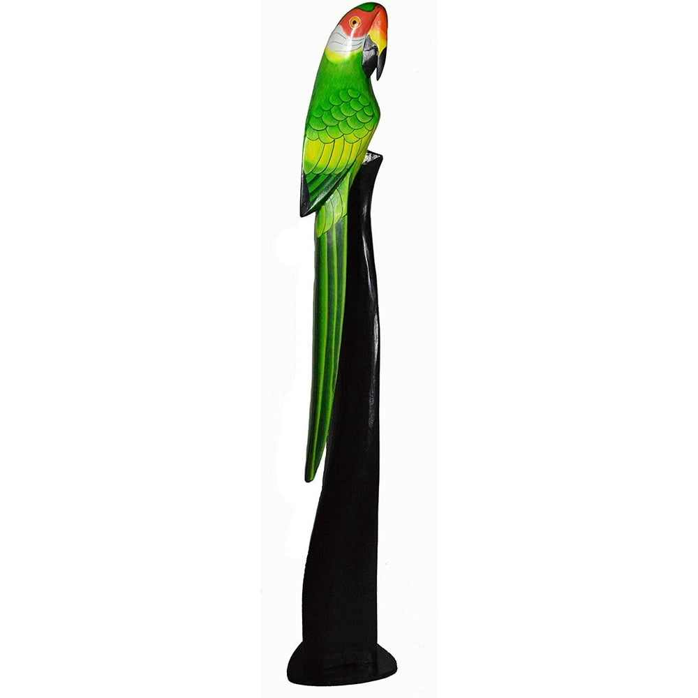 40" Tall Hand Carved Wood Green Parrot Statue Sculpture Stand Art