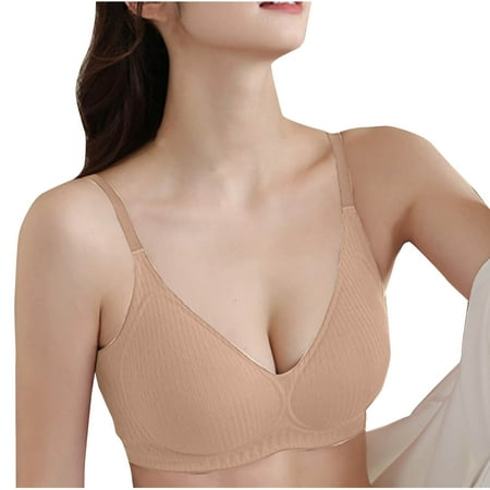 Gnurob Womens Smooth Wireless Bra Seamless Brassiere Lightly Lined Cups Bras Push Up Bralettes Cozy Raceback Bralette Full-Coverage Underwear Clearance Saving Khaki Large