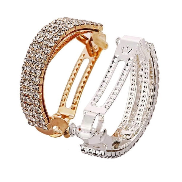 2Pcs Fashion Elegant Rhinestone Hair Clip Ponytail Holder Sparkly Semicircle Metal Spring Hair Clips Barrette Accessories for Women Lady Girl Teen Hai