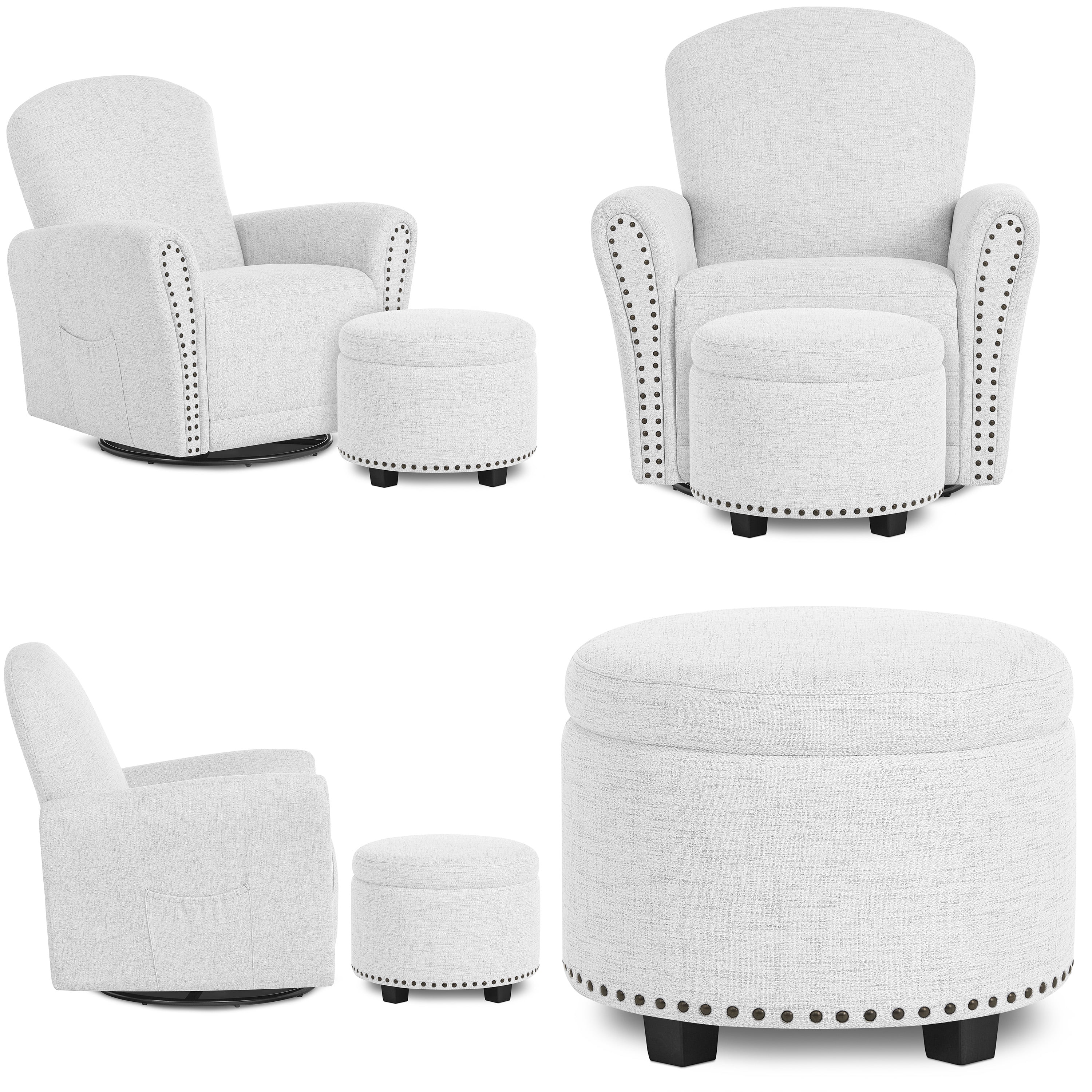 Evolur Vienna Swivel Glider with Ottoman and Nailhead Trim, Greenguard Gold Certified, Made from Sturdy and Sustainable FSC-Certified Wood, Fog Grey