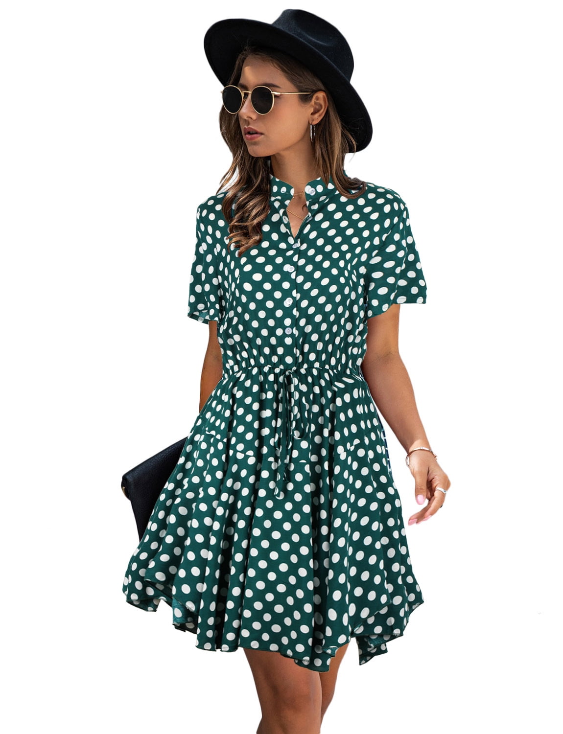TOP SHE - Women's V Neck Short Sleeve Polka Dot Pocket Loose Swing Casual Short T-Shirt Dress 