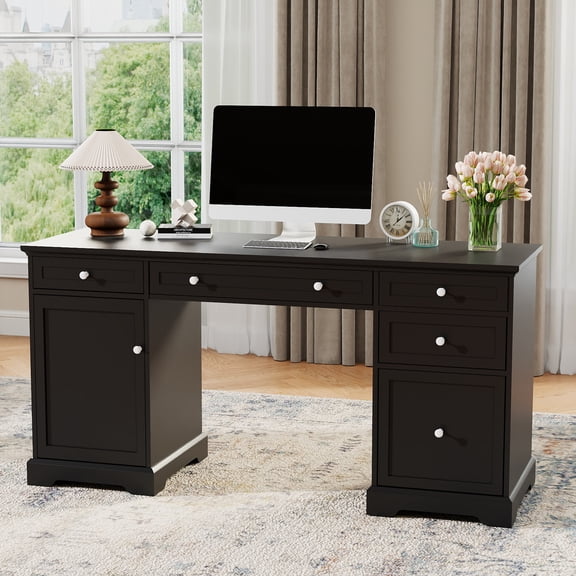 60" Executive Desk with Drawers and Storage Cabinet, Home Office Computer Desk with Spacious Storage, Modern Writing Desk for Work Study