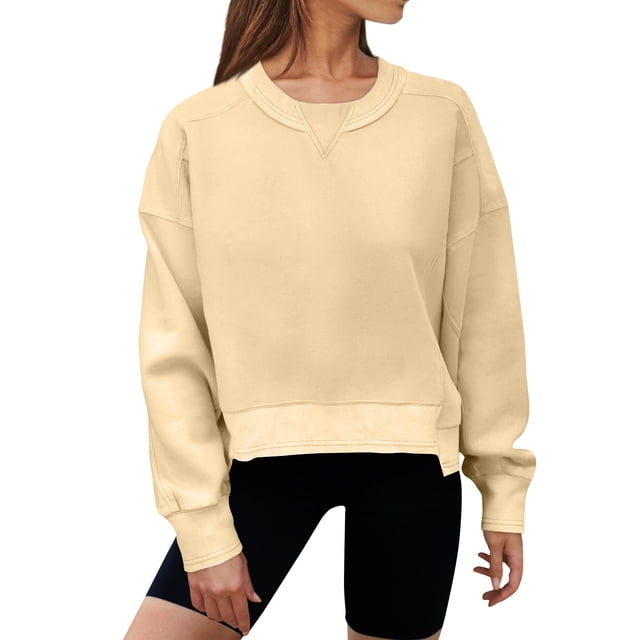 VBARHMQRT Plain Hoodies Winter Women's Round Neck Short Solid Color Hoodie