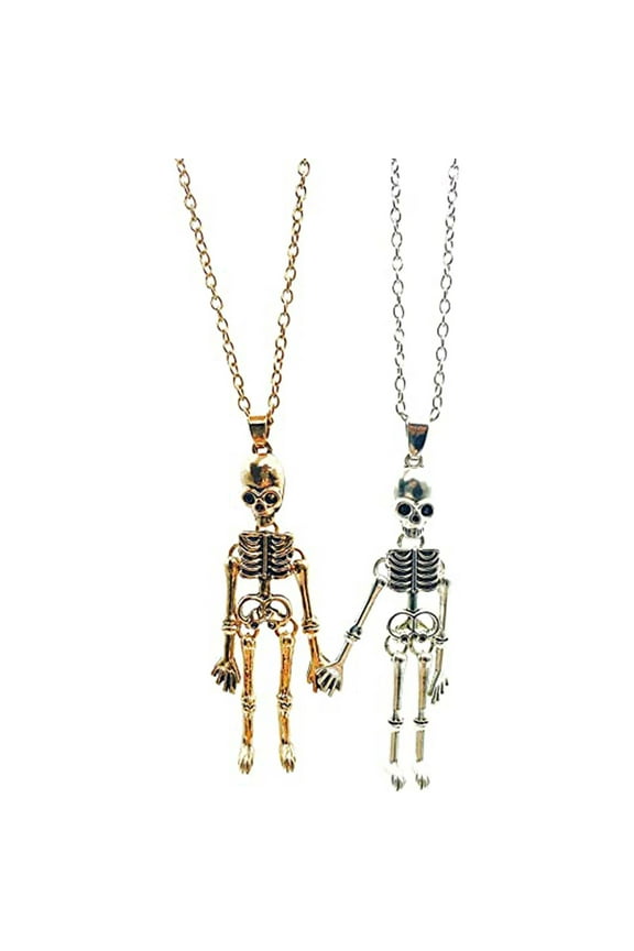 2Pcs Retro Skeleton Punk Ghost Necklaces Halloween Necklace for Best Friend Couples Hold Hands Skull Necklaces Gifts