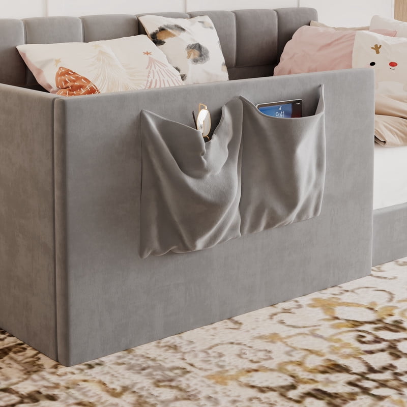 Twin Size Velvet Daybed with 2 Storage Pockets, Upholstered Guest Sofa Bed Frame with High & Padded Backrest