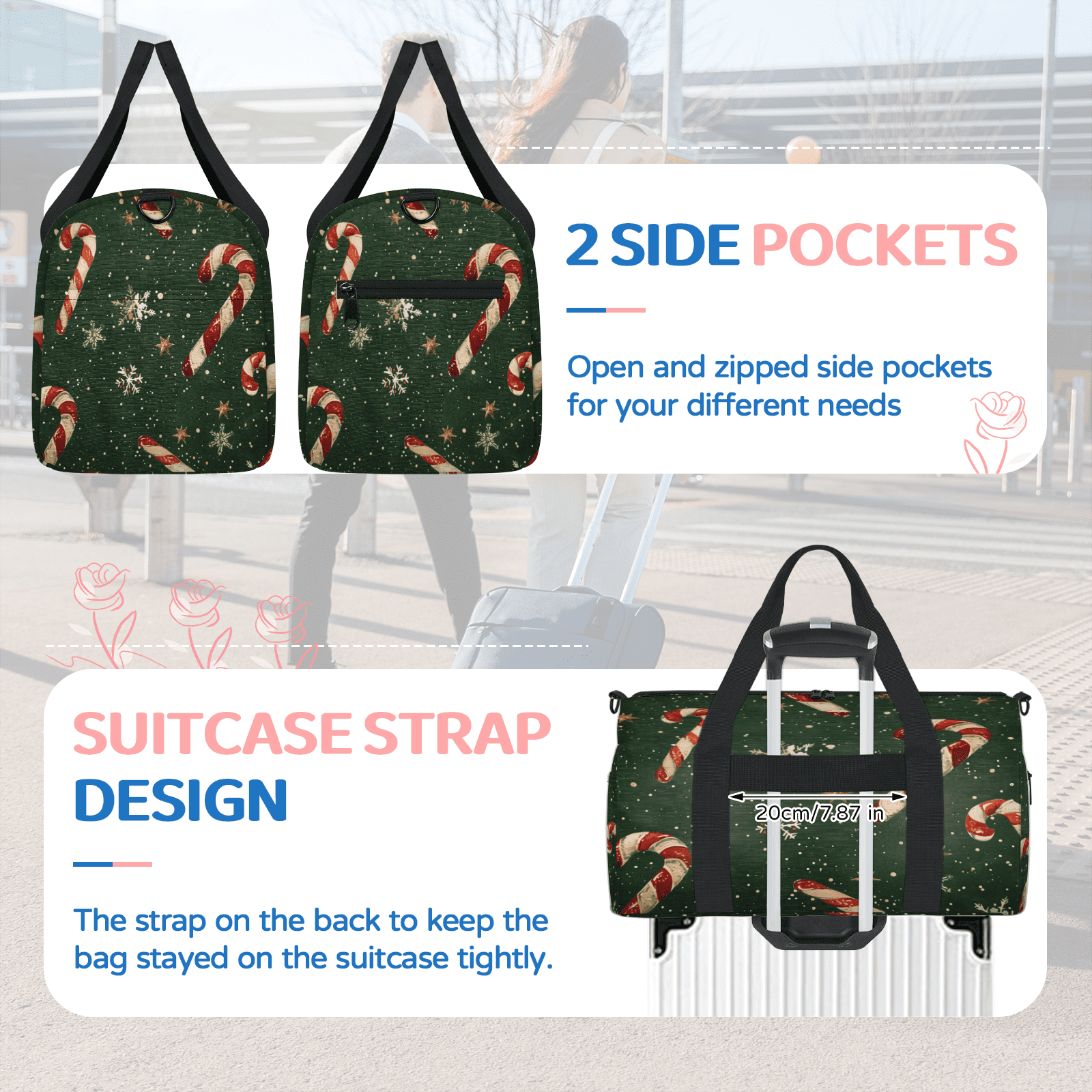 Herdesigns Christmas Candy Travel Duffle Bag Sports Yoga Weekender Overnight Carry on Workout Bags Lightweight Waterproof Gym Tote Bag for Women
