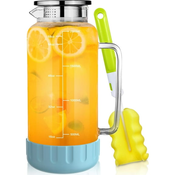 68oz Glass Pitcher with Lid, 2 Liter Water Carafe with Silicone Base and Precise Scale Line, Ice Tea Pitcher for Fridge, Anti-Slip Glass Jug for Sun Tea Juice Coffee Milk Beverage (Gray)
