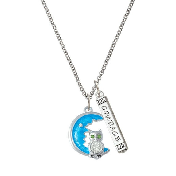 Delight Jewelry Silvertone Large Clear Crystal Owl on Hot Blue Moon Silvertone Courage Strength Wisdom Honesty Bar Charm Necklace, 23"