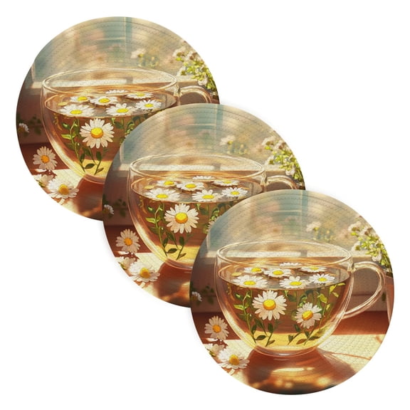 BZSMCE Mats for Pots,Pans Place Glass Cup with Chamomile Flowers Simple Style Pattern Pot Mats