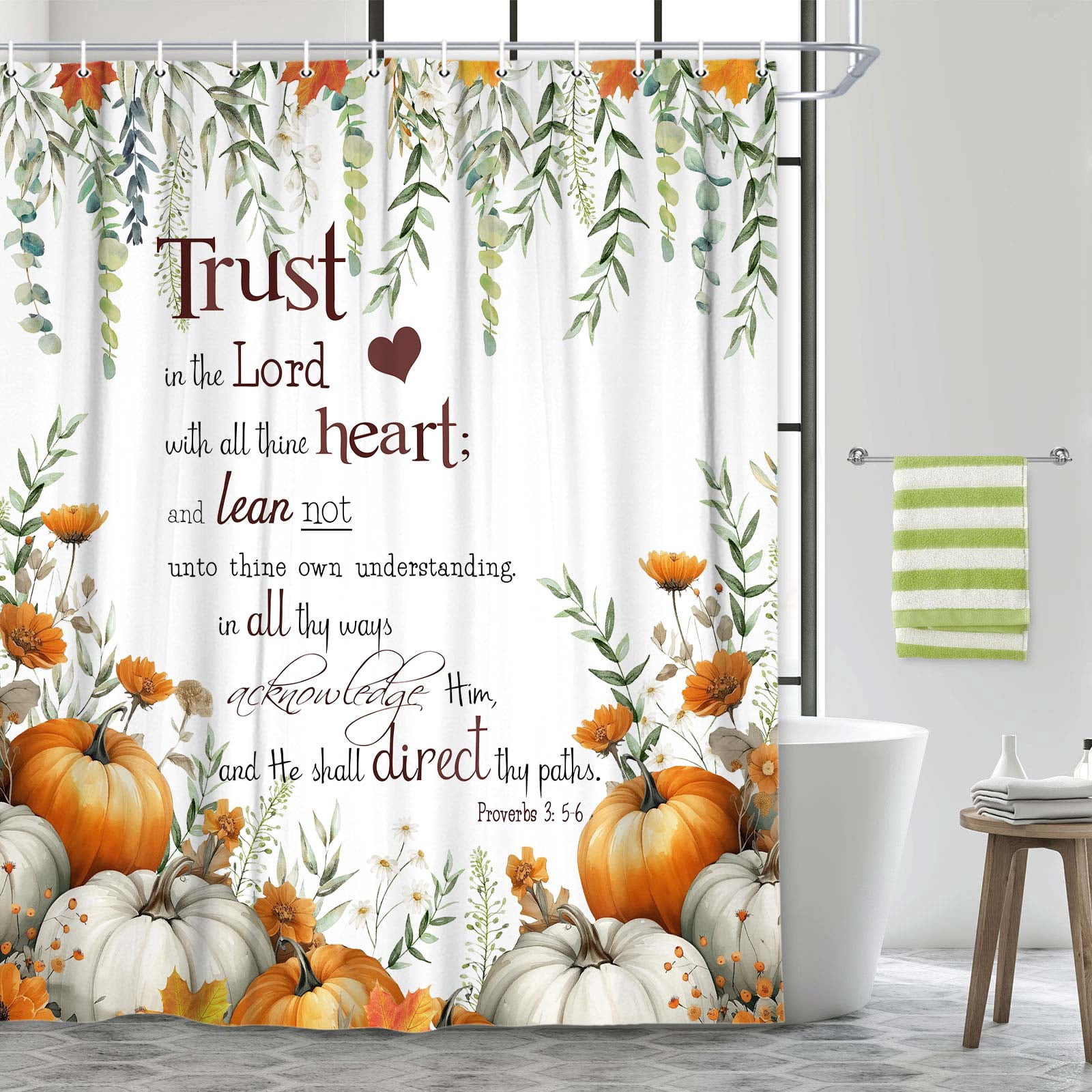 Fall Shower Curtain, Autumn Pumpkins Bible Verse Inspirational Bathroom Curtain Sets,Fall Farmhouse Home Bathtub Thanksgiving Decor with 12PCS Hooks,69X70 in
