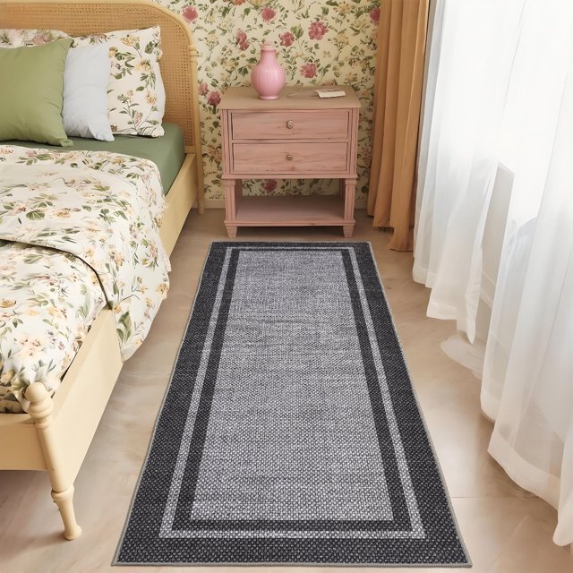 Garvee 2'x6' Modern Bordered Runner Rug Solid Rugs, Washable Rugs Neutral Minimalist Carpet with Non Slip Backing Soft Thin Low Pile Rugs for Hallway Bedroom Home Decor, Grey