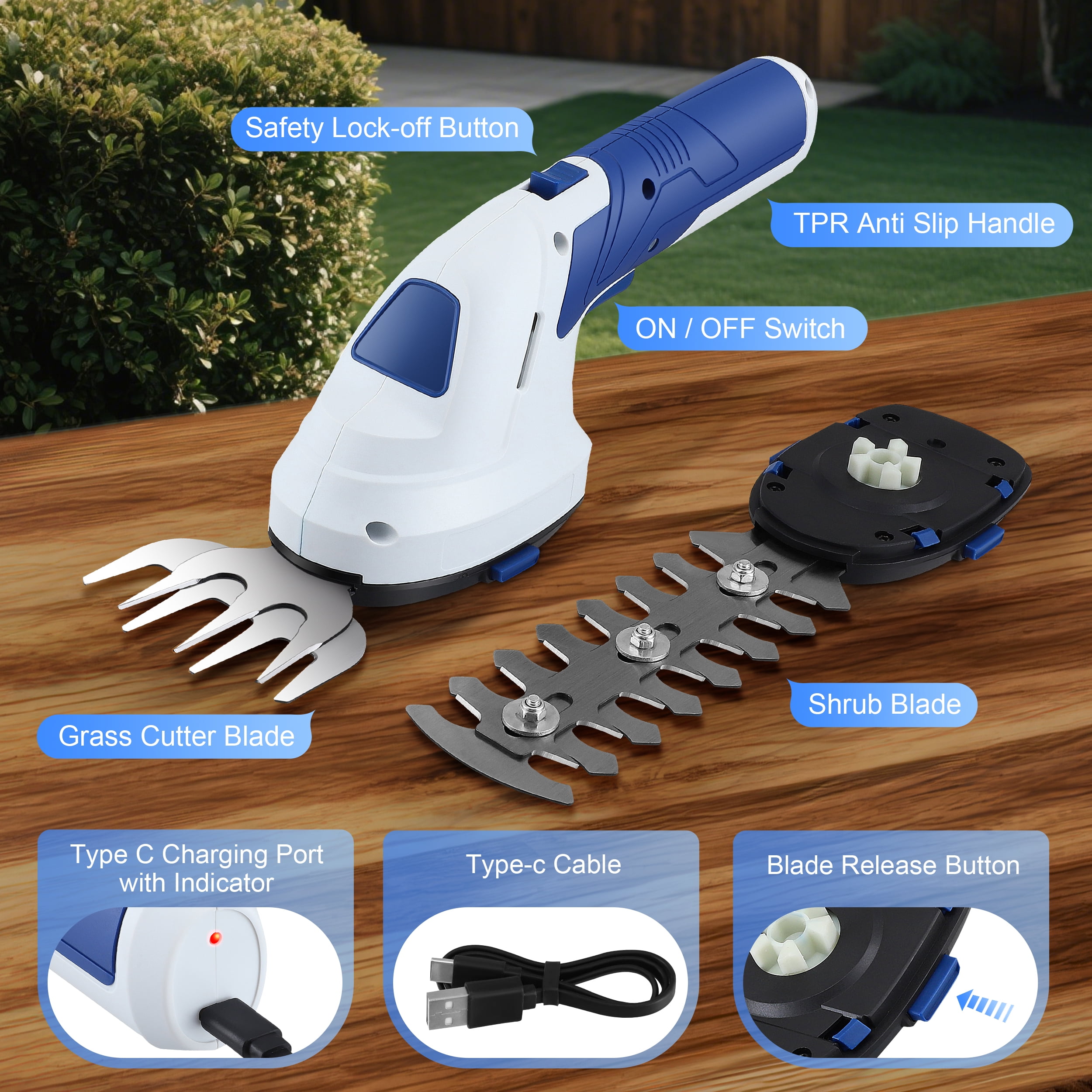 RELOIVE Hedge Trimmer Cordless,2-in-1 Cordless Grass Shears,7.2V Electric Shrub Trimmer with 2.0 Ah Battery,Blue