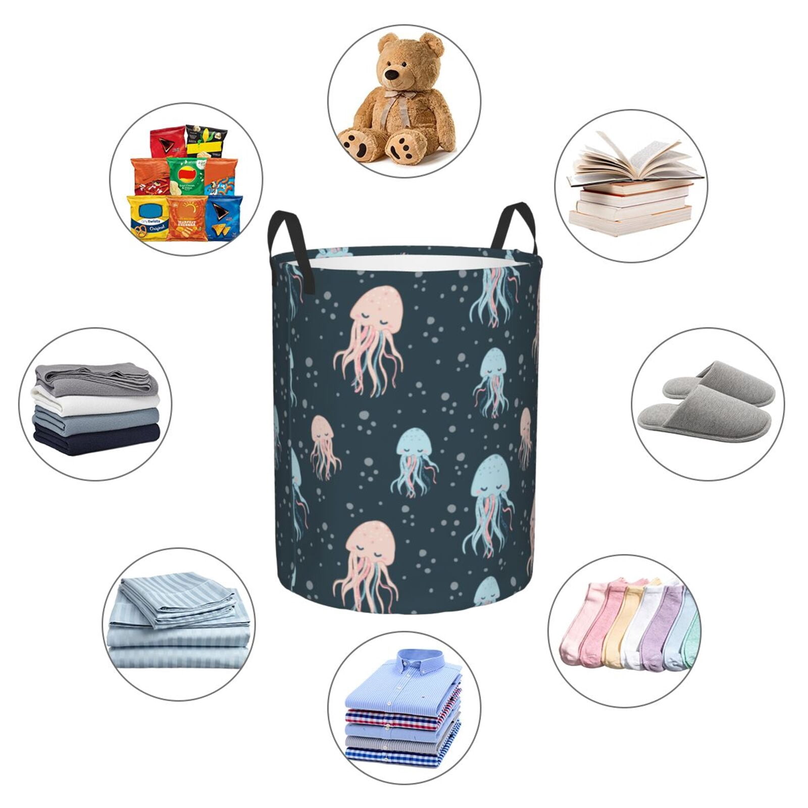 Large Laundry Basket with Handles - Cute Blue Pink Jellyfish Kids Baby Dirty Clothes Laundry Hamper for Bedroom Aesthetic
