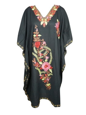 Mogul Womens Black Short Kaftan Dress Floral Embellished Cover Up Caftan One Size