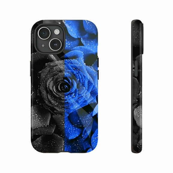 Blue Black Rose Waterdrop Phone Case For Women Men Valentine's Day Gift Compatible with iPhone 11/12/13/14/15/16 Pro Max Plus