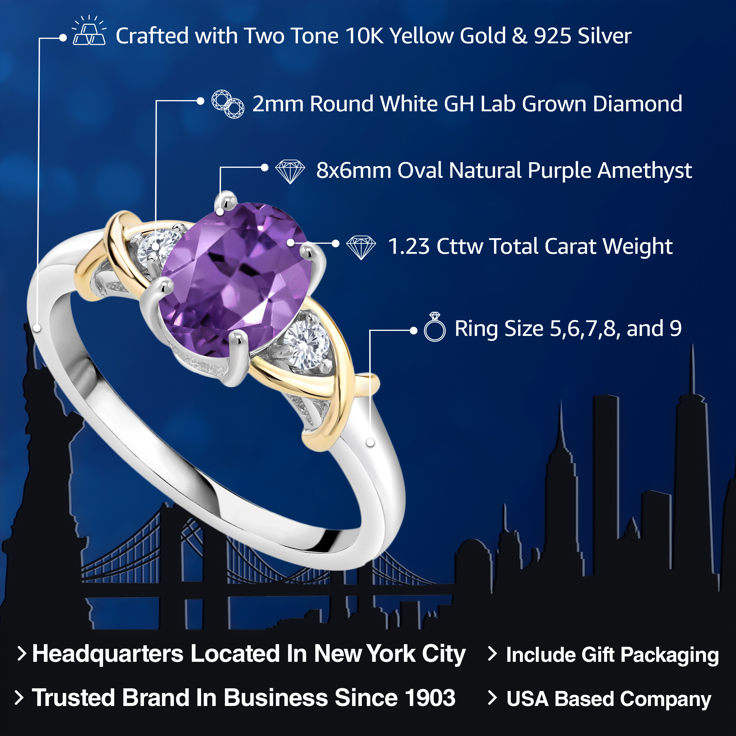Gem Stone King 2 Tone 10K Yellow Gold and 925 Sterling Silver Purple Amethyst and Lab Grown Diamond Engagement Ring for Women (1.23 Cttw, Gemstone Birthstone, Available in Size 5, 6, 7, 8, 9)