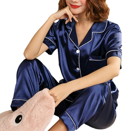 

Fanvereka Women s Pajamas Nightwear Solid Color Pockets V-neck Buttons Short Sleeves Home Cotton Pajamas Suit