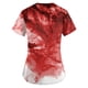 thumbnail image 3 of Camiseta de manga corta con escote en V para mujer con estampado abstracto artístico en rojo y blanco, corte holgado informal, 3 of 3