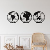 World Map 3 Globes Metal Wall Decor for Home and Outside - Wall-Mounted Geometric Wall Art Decor - Drop Shadow 3D Effect Wall Decoration for Living Room Bedroom