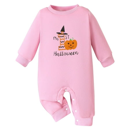 

CELIEAN Baby Boys And Girls Halloween Crewneck Long Sleeved Open Jumpsuit Crawling Suit Orange 9-12M